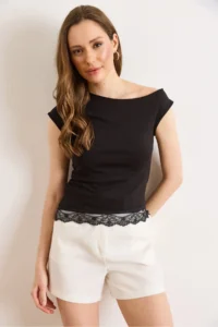 Olalook Women's Black One-Shoulder Lace Detailed Jersey Blouse - Image 2