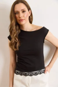 Olalook Women's Black One-Shoulder Lace Detailed Jersey Blouse - Image 3
