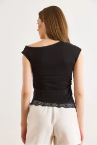 Olalook Women's Black One-Shoulder Lace Detailed Jersey Blouse - Image 6