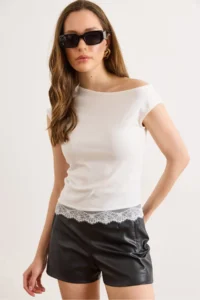 Olalook Women's White One-Shoulder Lace Detailed Single Jersey Blouse
