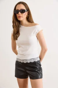 Olalook Women's White One-Shoulder Lace Detailed Single Jersey Blouse - Image 2
