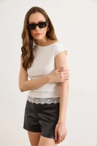 Olalook Women's White One-Shoulder Lace Detailed Single Jersey Blouse - Image 5