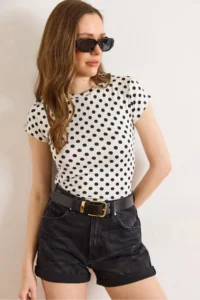 Olalook Women's White Crew Neck Polka Dot Polyamide Blouse