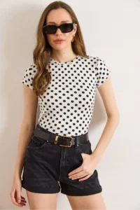 Olalook Women's White Crew Neck Polka Dot Polyamide Blouse - Image 2
