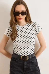 Olalook Women's White Crew Neck Polka Dot Polyamide Blouse - Image 3