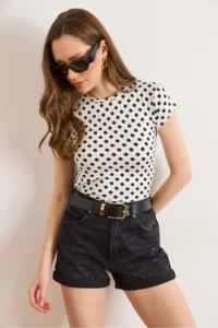 Olalook Women's White Crew Neck Polka Dot Polyamide Blouse - Image 4