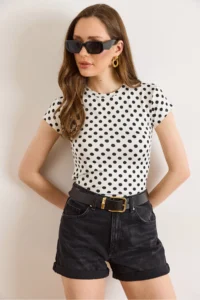 Olalook Women's White Crew Neck Polka Dot Polyamide Blouse - Image 5