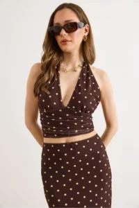 Olalook Women's Brown Halter Neck Polka Dot Crop Tulle Blouse - Image 2