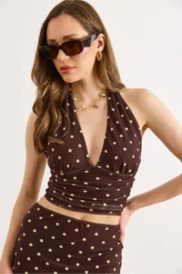 Olalook Women's Brown Halter Neck Polka Dot Crop Tulle Blouse - Image 3