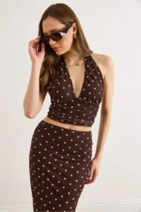 Olalook Women's Brown Halter Neck Polka Dot Crop Tulle Blouse - Image 4