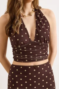 Olalook Women's Brown Halter Neck Polka Dot Crop Tulle Blouse - Image 5