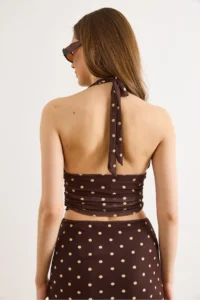 Olalook Women's Brown Halter Neck Polka Dot Crop Tulle Blouse - Image 6