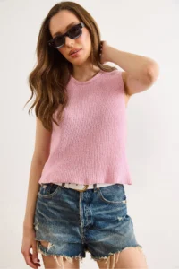 Olalook Women's Pink Crew Neck Sleeveless Cotton Content Blouse