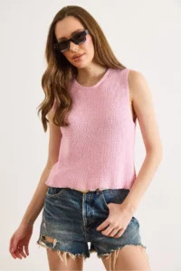 Olalook Women's Pink Crew Neck Sleeveless Cotton Content Blouse - Image 2