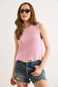 Olalook Women's Pink Crew Neck Sleeveless Cotton Content Blouse - Image 4