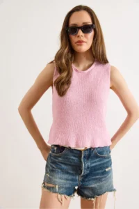 Olalook Women's Pink Crew Neck Sleeveless Cotton Content Blouse - Image 5