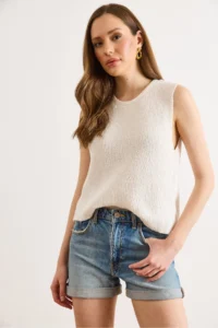 Olalook Women's White Crew Neck Sleeveless Cotton Content Blouse - Image 2