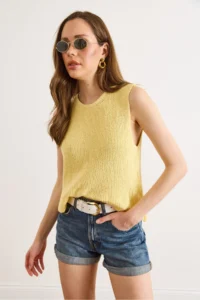 Olalook Women's Yellow Crew Neck Sleeveless Cotton Content Blouse - Image 3