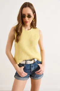 Olalook Women's Yellow Crew Neck Sleeveless Cotton Content Blouse - Image 4