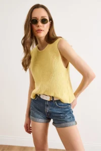 Olalook Women's Yellow Crew Neck Sleeveless Cotton Content Blouse - Image 5