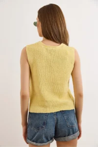 Olalook Women's Yellow Crew Neck Sleeveless Cotton Content Blouse - Image 6