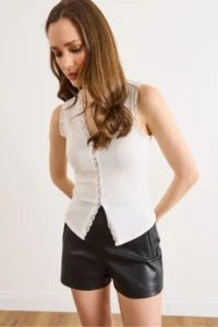 Olalook Women's White Lace Detailed Sleeveless Ottoman Blouse - Image 2