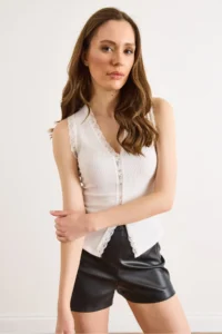 Olalook Women's White Lace Detailed Sleeveless Ottoman Blouse - Image 3