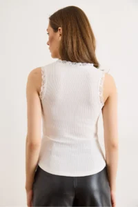 Olalook Women's White Lace Detailed Sleeveless Ottoman Blouse - Image 5