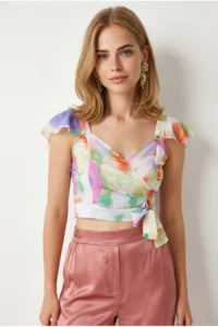 Olalook Women's Batik Floral Side Zipper Crop Crepe Blouse - Image 2