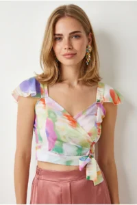 Olalook Women's Batik Floral Side Zipper Crop Crepe Blouse - Image 3