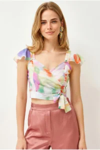 Olalook Women's Batik Floral Side Zipper Crop Crepe Blouse - Image 4