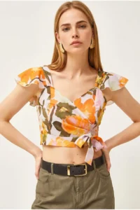 Olalook Women's Big Flower Orange Side Zipper Crop Crepe Blouse