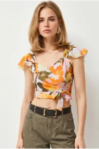 Olalook Women's Big Flower Orange Side Zipper Crop Crepe Blouse - Image 2