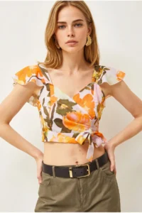 Olalook Women's Big Flower Orange Side Zipper Crop Crepe Blouse - Image 3