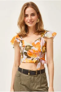 Olalook Women's Big Flower Orange Side Zipper Crop Crepe Blouse - Image 4