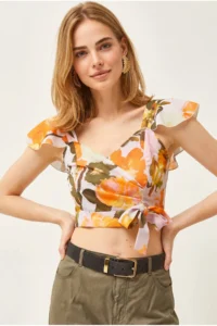 Olalook Women's Big Flower Orange Side Zipper Crop Crepe Blouse - Image 5