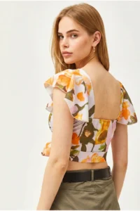 Olalook Women's Big Flower Orange Side Zipper Crop Crepe Blouse - Image 6