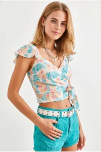 Olalook Women's Blue Orange Side Zipper Crop Crepe Blouse - Image 3