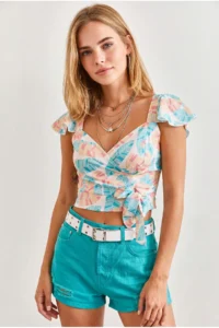 Olalook Women's Blue Orange Side Zipper Crop Crepe Blouse - Image 4
