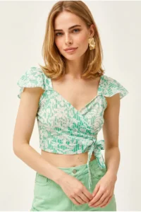 Olalook Women's Green Striped Side Zipper Crop Crepe Blouse
