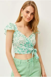 Olalook Women's Green Striped Side Zipper Crop Crepe Blouse - Image 2
