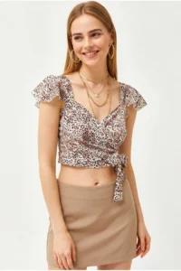 Olalook Women's Leopard Side Zipper Crop Crepe Blouse - Image 4