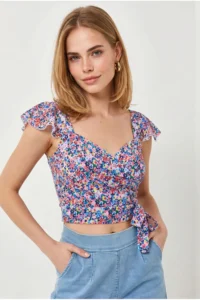 Olalook Women's Multicolored Side Zipper Crop Crepe Blouse - Image 2
