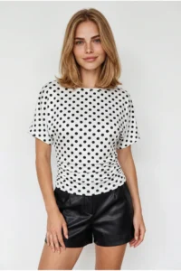 Olalook Women's Black Polka Dot Drape Detailed Bat Model Polyamide Blouse
