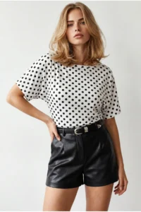Olalook Women's Black Polka Dot Drape Detailed Bat Model Polyamide Blouse - Image 2