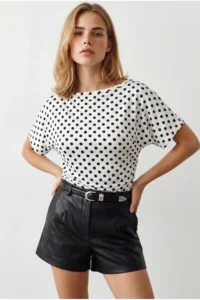 Olalook Women's Black Polka Dot Drape Detailed Bat Model Polyamide Blouse - Image 3