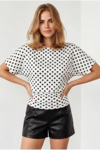 Olalook Women's Black Polka Dot Drape Detailed Bat Model Polyamide Blouse - Image 4