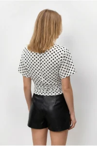Olalook Women's Black Polka Dot Drape Detailed Bat Model Polyamide Blouse - Image 5
