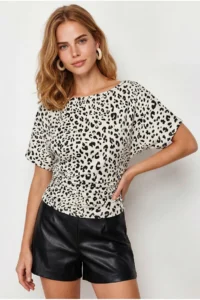 Olalook Women's White Leopard Drape Detailed Bat Model Polyamide Blouse