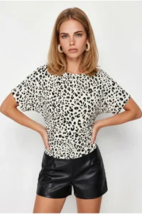 Olalook Women's White Leopard Drape Detailed Bat Model Polyamide Blouse - Image 2